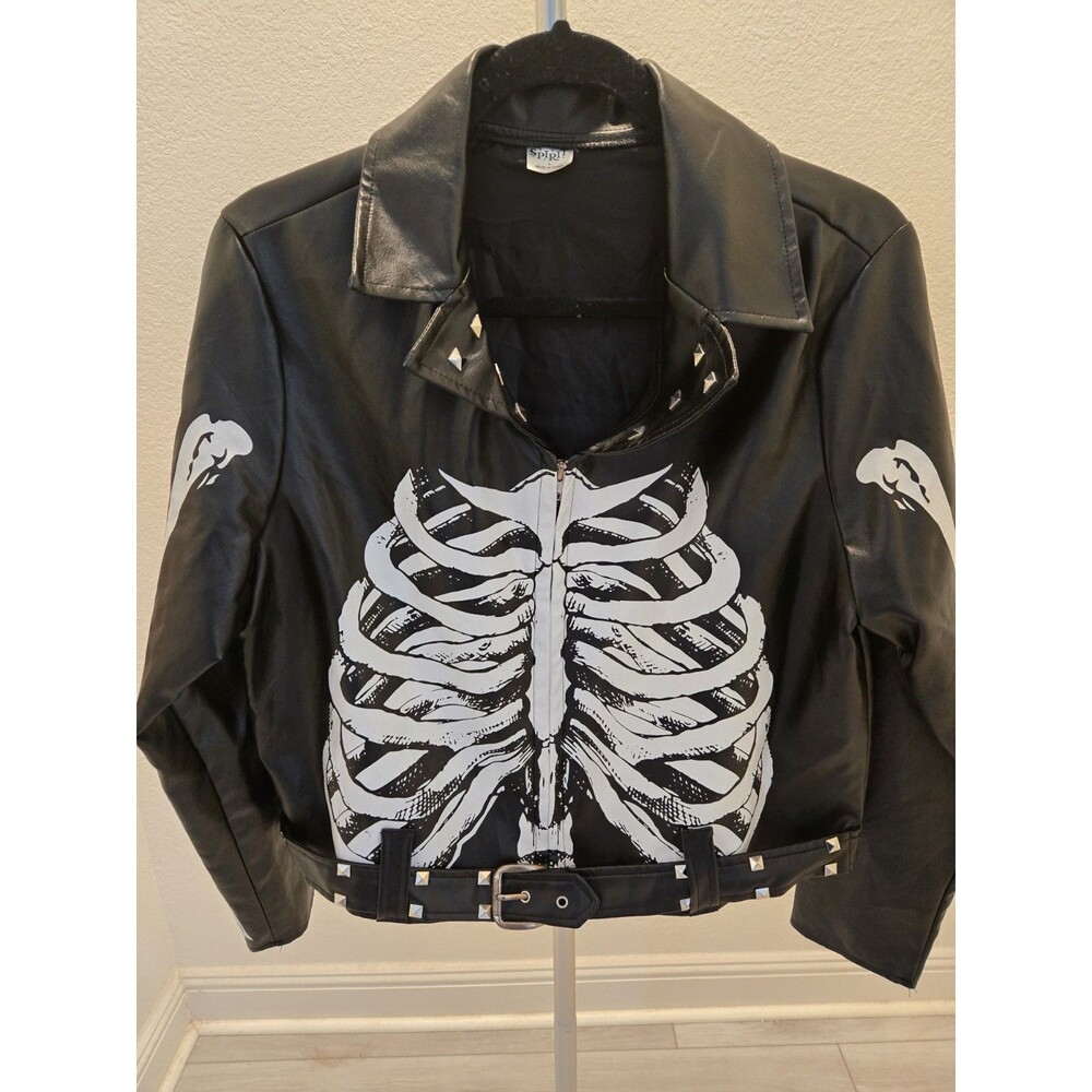 Spirit Halloween Skeleton Leather Jacket Black Studded Biker Ribs Coat L Womens